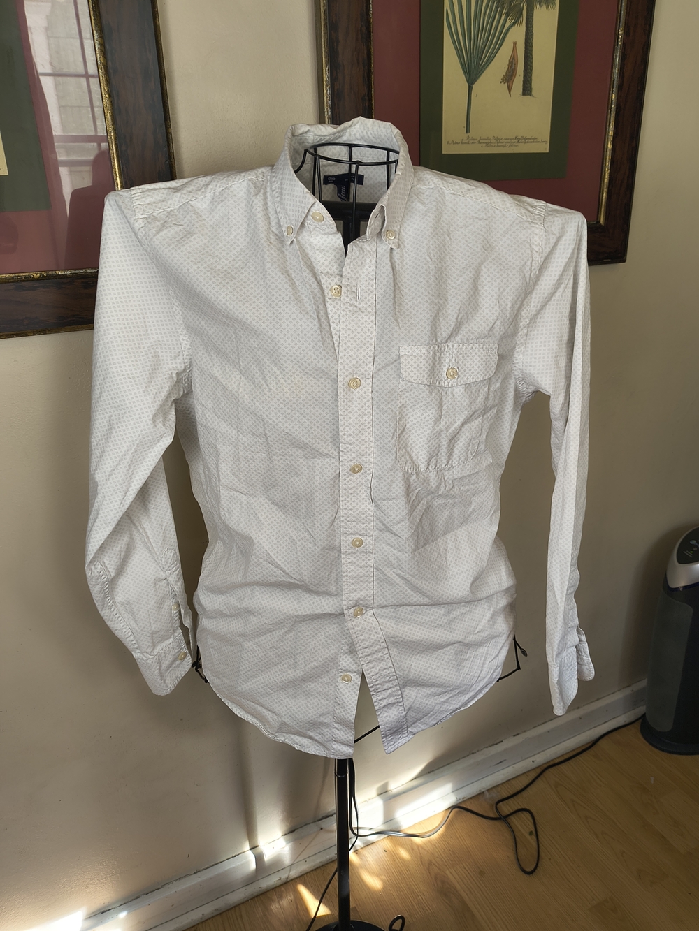 Men's white slim fit button up shirt with light grey diamond dot pattern